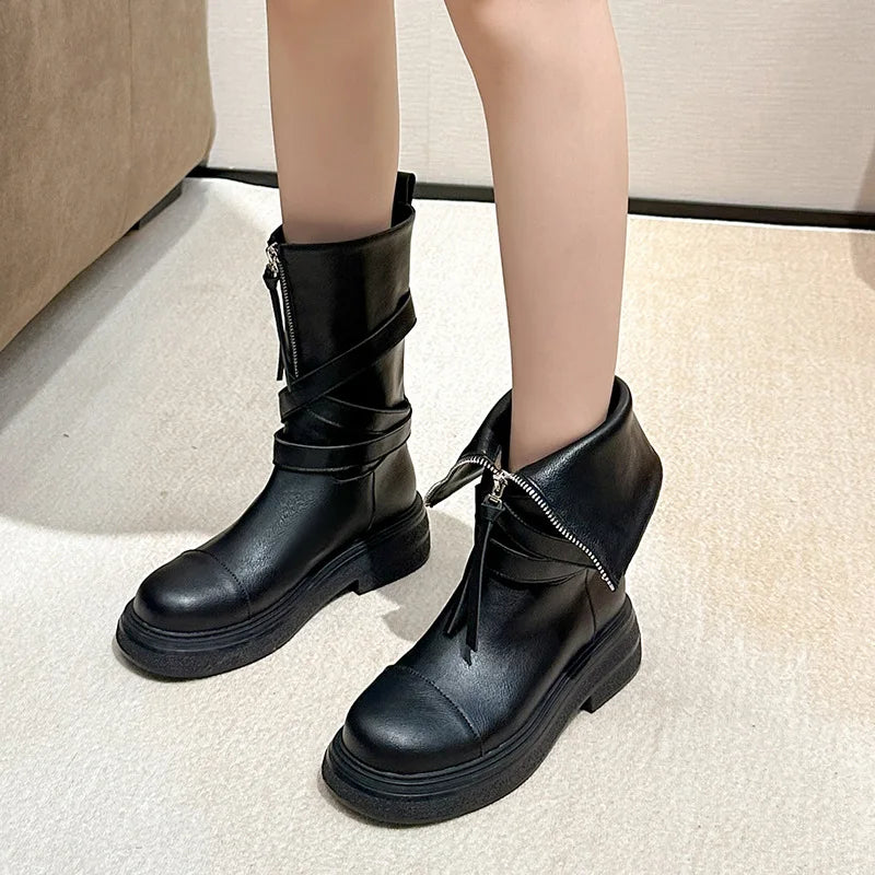 Retro Brown Autumn Ankle Boot Women Cross Tied Buckle Mid Calf Boots