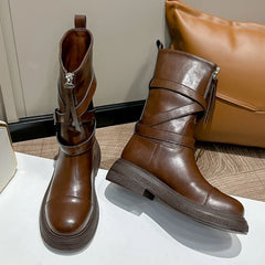 Retro Brown Autumn Ankle Boot Women Cross Tied Buckle Mid Calf Boots