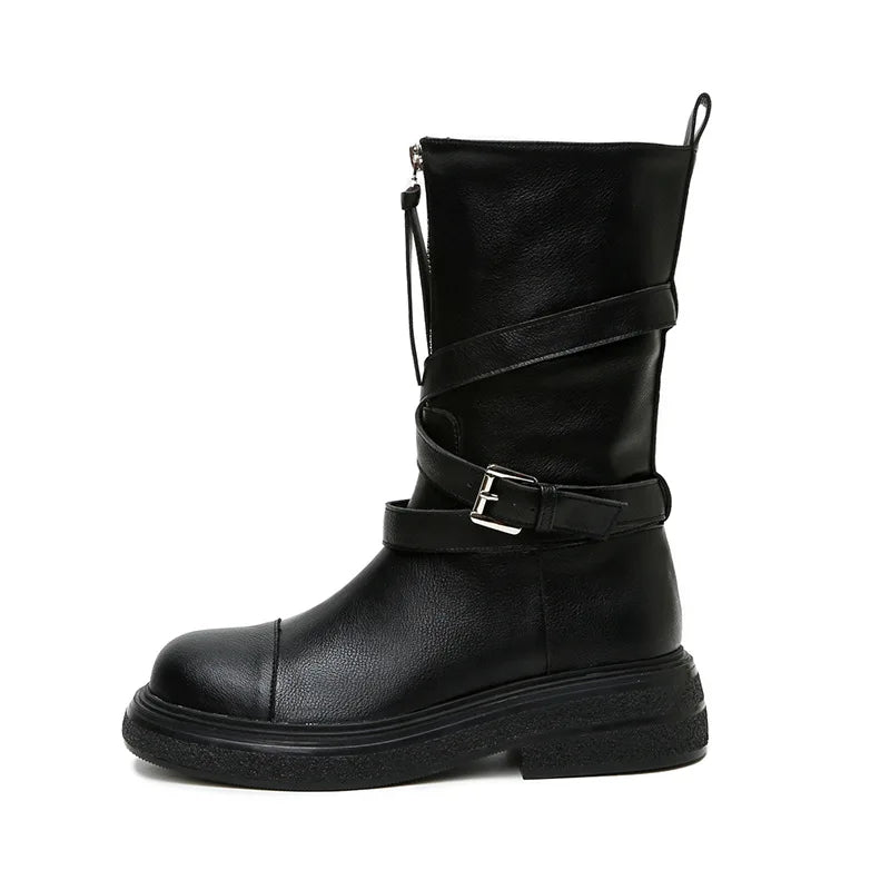 Retro Brown Autumn Ankle Boot Women Cross Tied Buckle Mid Calf Boots
