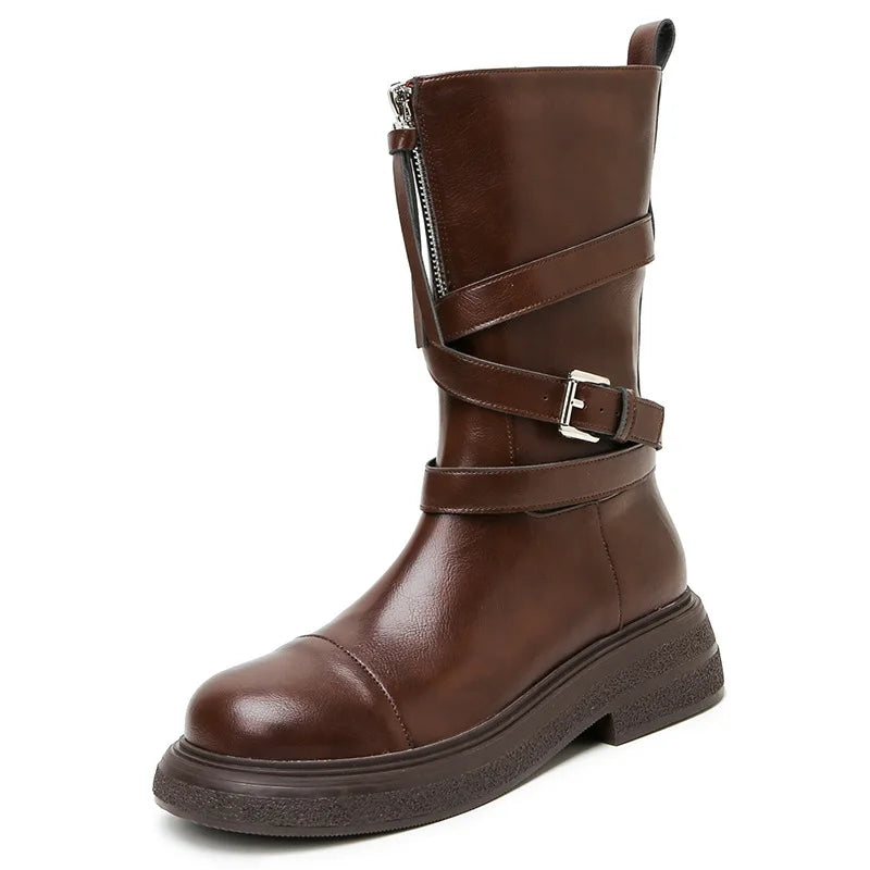 Retro Brown Autumn Ankle Boot Women Cross Tied Buckle Mid Calf Boots