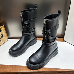 Retro Brown Autumn Ankle Boot Women Cross Tied Buckle Mid Calf Boots