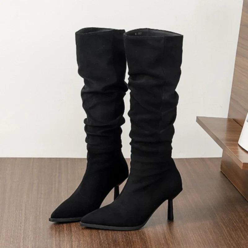 Retro Brown Faux Suede Knee Boots