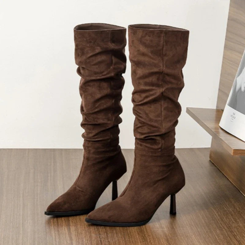 Retro Brown Faux Suede Knee Boots
