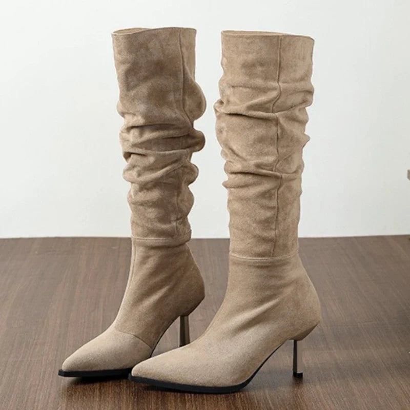 Retro Brown Faux Suede Knee Boots