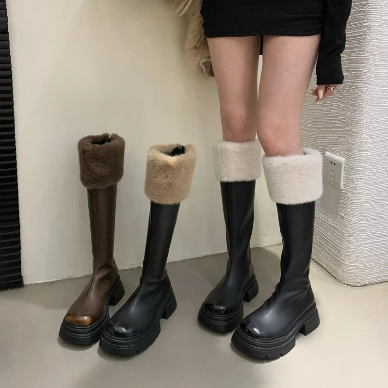 Retro Brown Soft Leather Knee-High Boots
