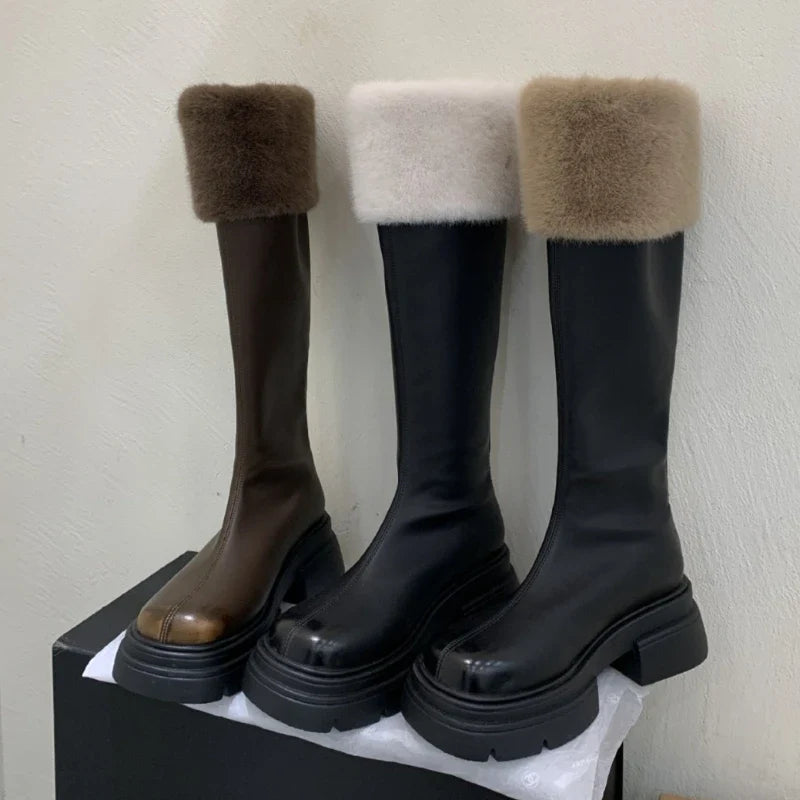 Retro Brown Soft Leather Knee-High Boots