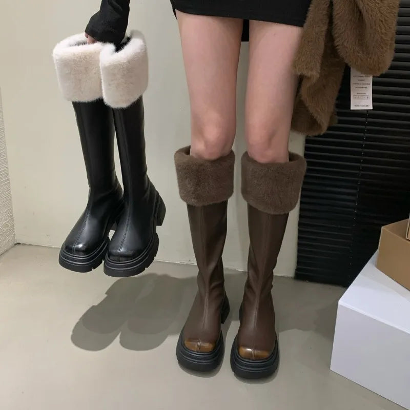 Retro Brown Soft Leather Knee-High Boots