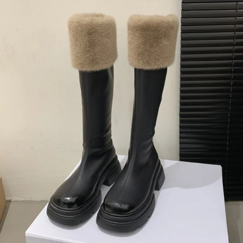 Retro Brown Soft Leather Knee-High Boots