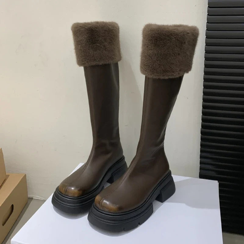Retro Brown Soft Leather Knee-High Boots