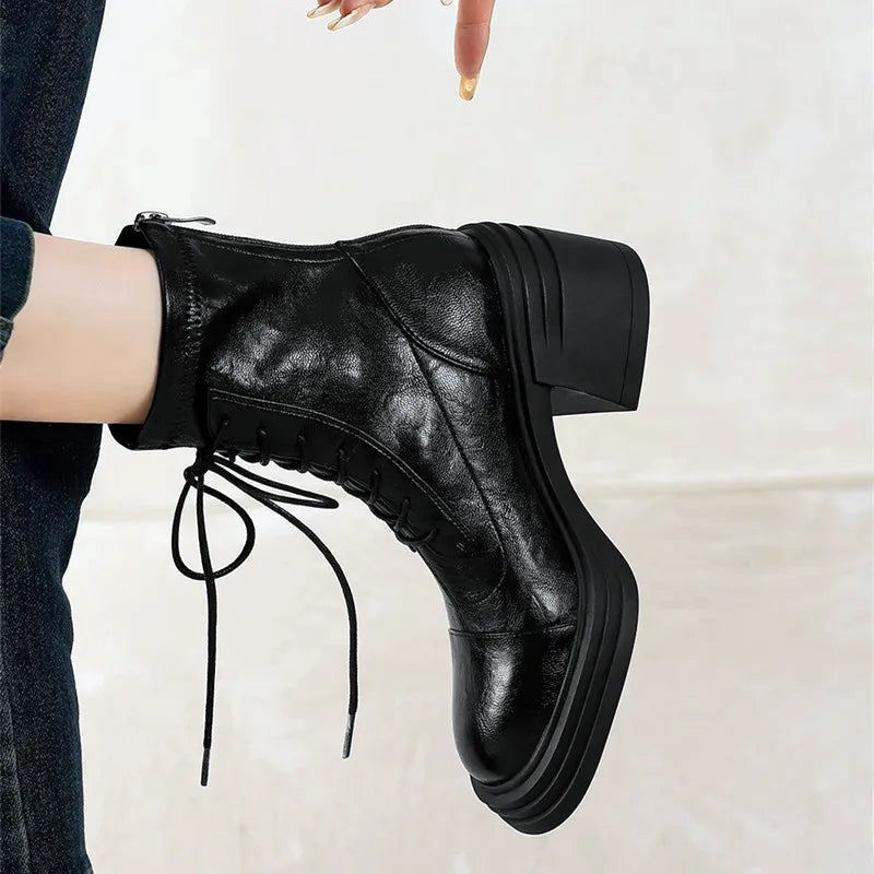 Retro Chunky Heel Lace-Up Ankle Boots
