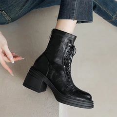 Retro Chunky Heel Lace-Up Ankle Boots