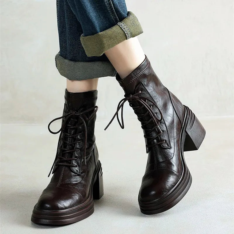 Retro Chunky Heel Lace-Up Ankle Boots