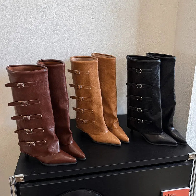 Retro High Cut One Foot Buckle Pointed Knight Boots