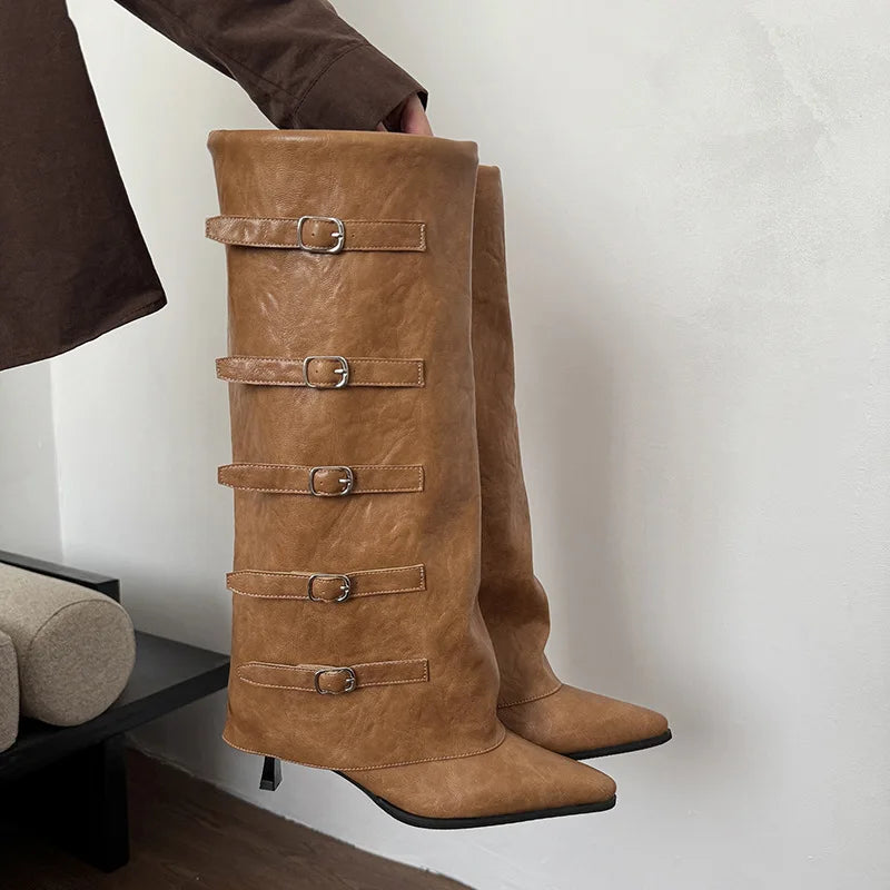 Retro High Cut One Foot Buckle Pointed Knight Boots
