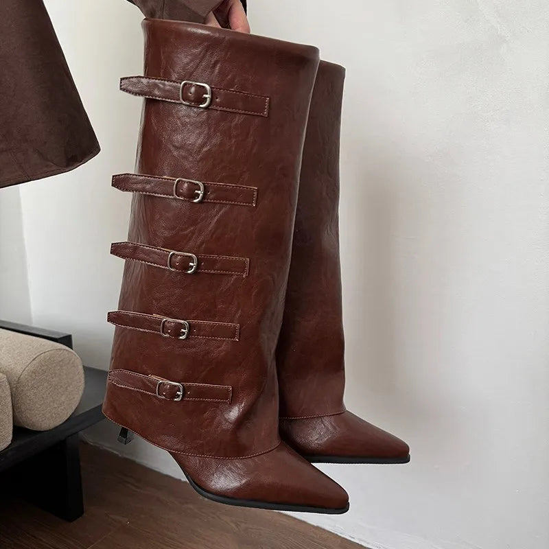 Retro High Cut One Foot Buckle Pointed Knight Boots