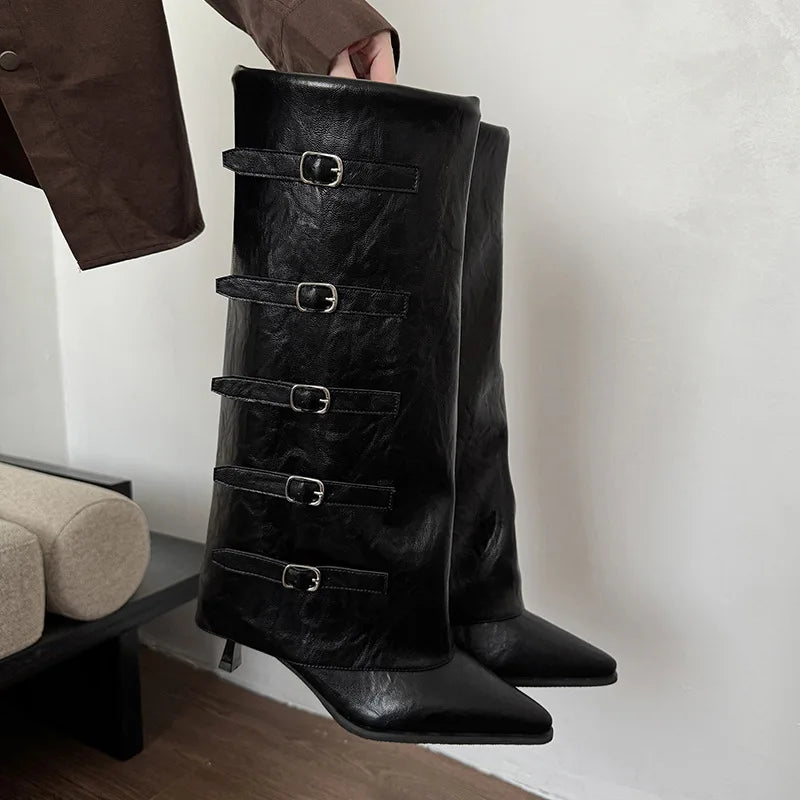Retro High Cut One Foot Buckle Pointed Knight Boots