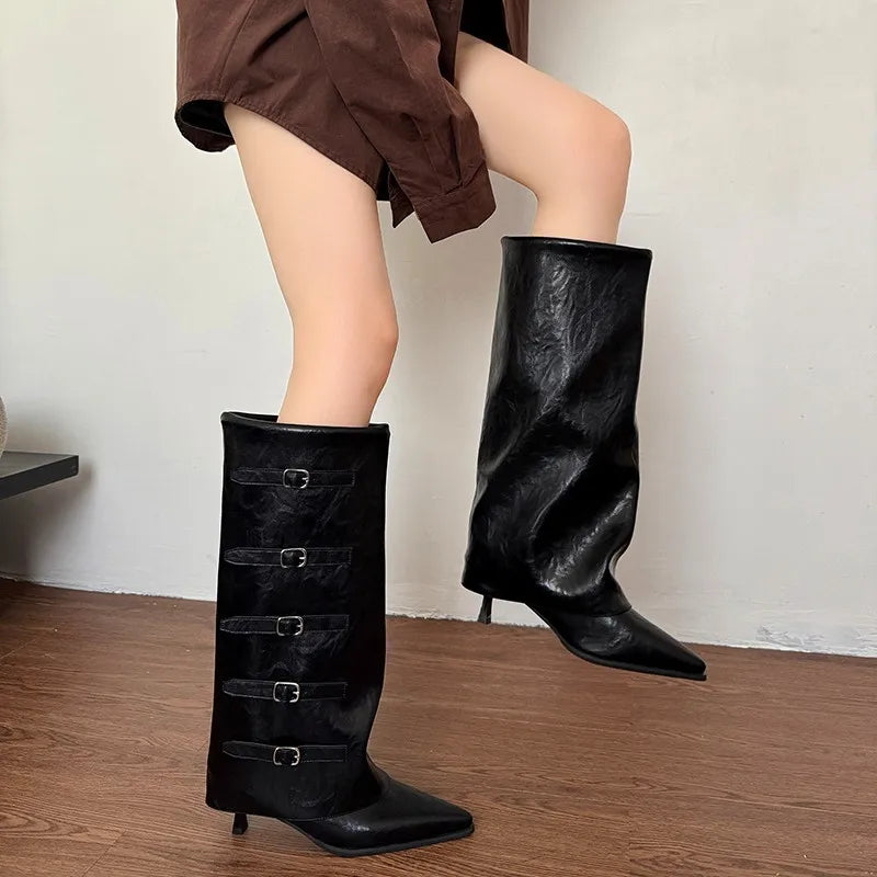 Retro High Cut One Foot Buckle Pointed Knight Boots