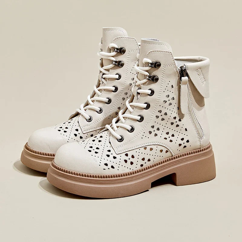 Retro Hollow Carved Leather Ankle Boots