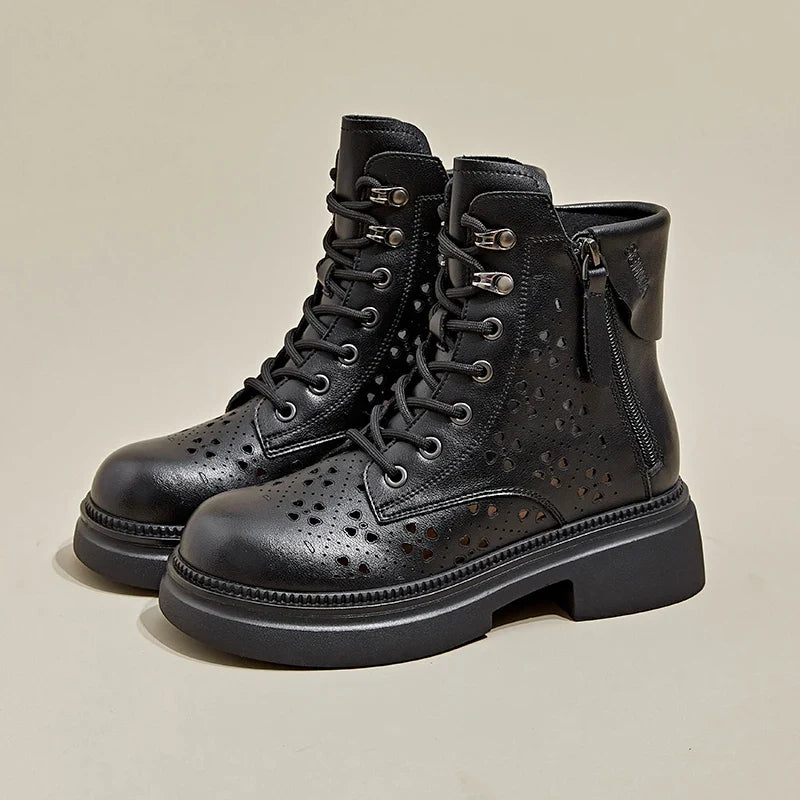 Retro Hollow Carved Leather Ankle Boots