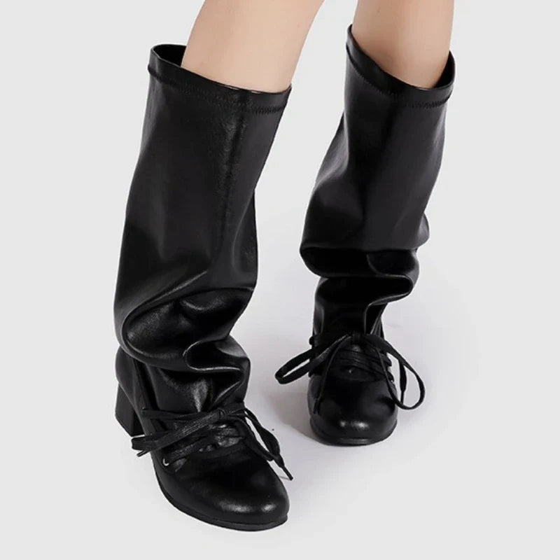 Retro Lace-up Long Women Boots	Pointed Toe Square Heel Platform Boots