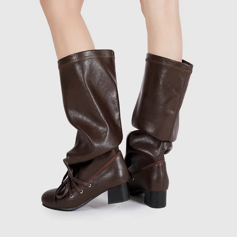 Retro Lace-up Long Women Boots	Pointed Toe Square Heel Platform Boots