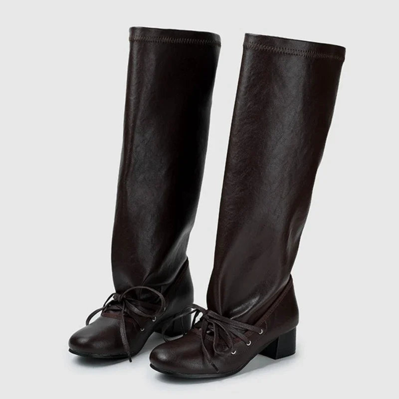 Retro Lace-up Long Women Boots	Pointed Toe Square Heel Platform Boots