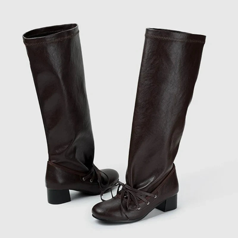 Retro Lace-up Long Women Boots	Pointed Toe Square Heel Platform Boots
