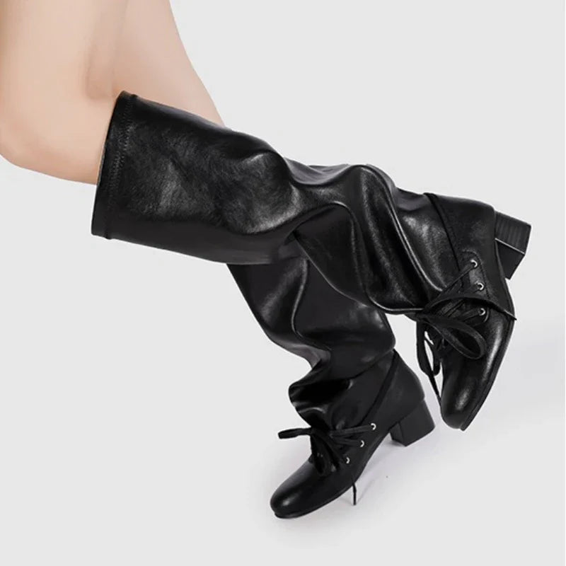 Retro Lace-up Long Women Boots	Pointed Toe Square Heel Platform Boots