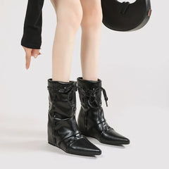 Retro Pleated Lace-up Design Ankle Boots