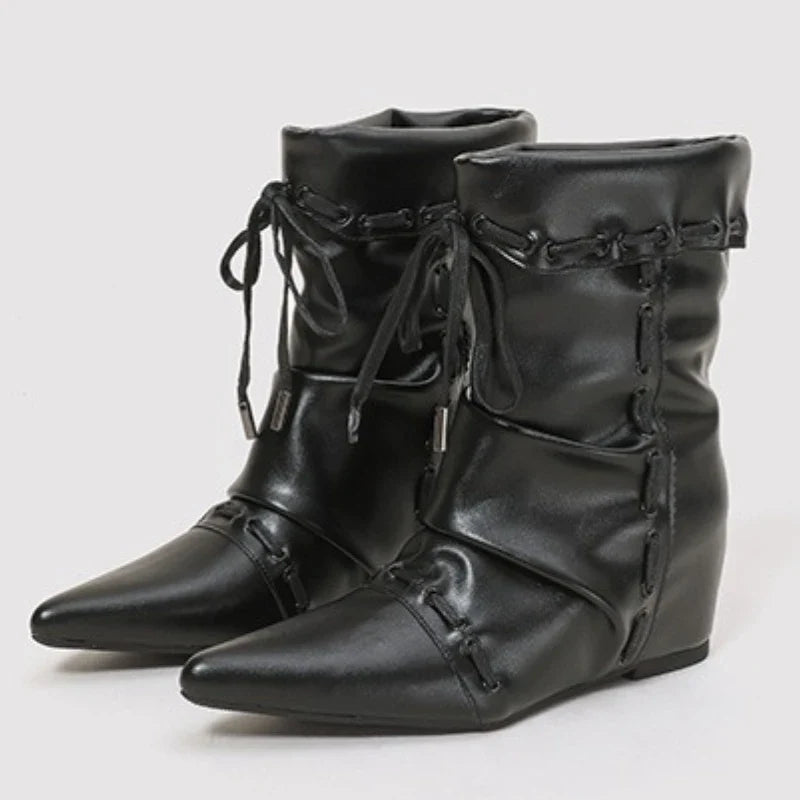 Retro Pleated Lace-up Design Ankle Boots