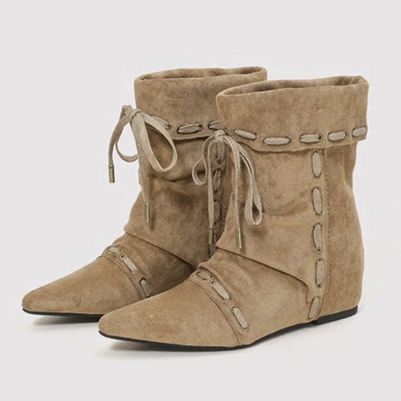 Retro Pleated Lace-up Design Ankle Boots
