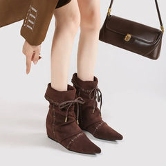 Retro Pleated Lace-up Design Ankle Boots