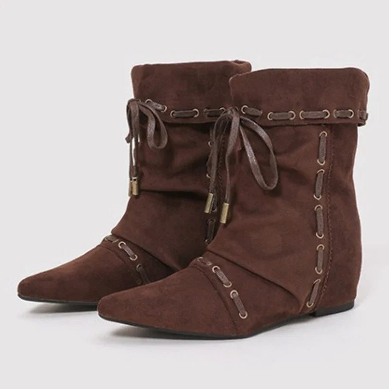 Retro Pleated Lace-up Design Ankle Boots