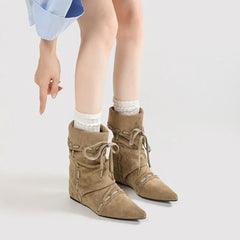 Retro Pleated Lace-up Design Ankle Boots
