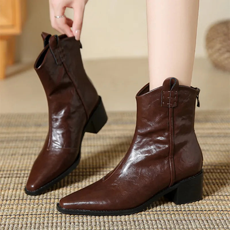 Retro Pointed Toe Zipper Ankle Boots