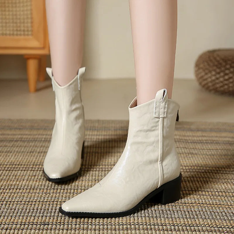 Retro Pointed Toe Zipper Ankle Boots