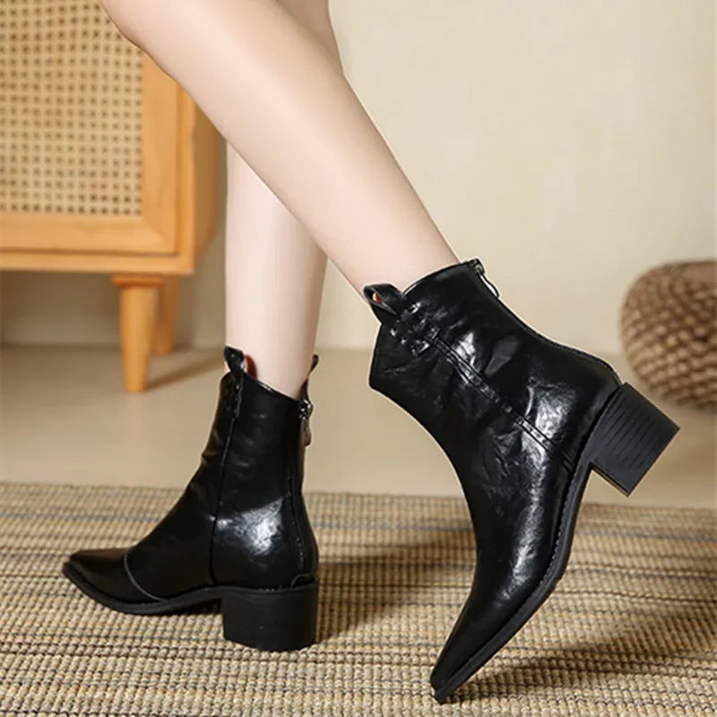 Retro Pointed Toe Zipper Ankle Boots