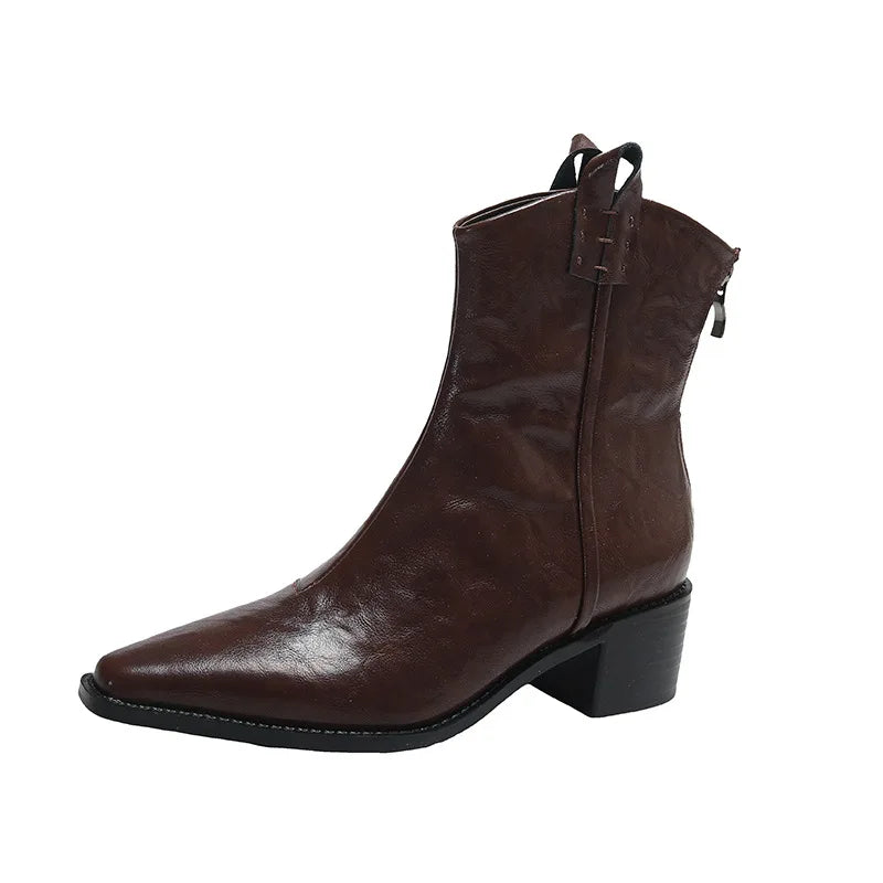 Retro Pointed Toe Zipper Ankle Boots