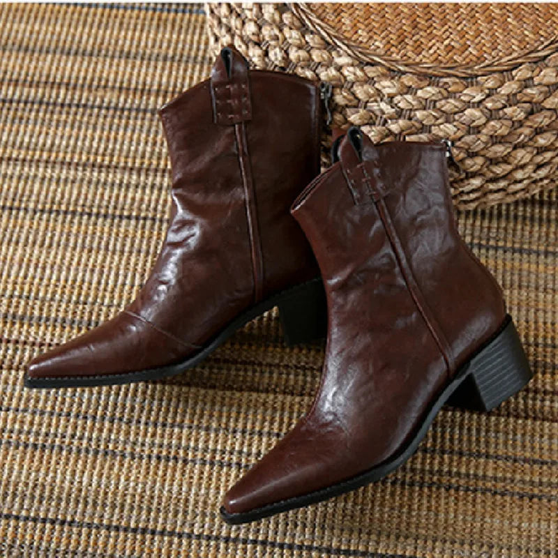 Retro Pointed Toe Zipper Ankle Boots