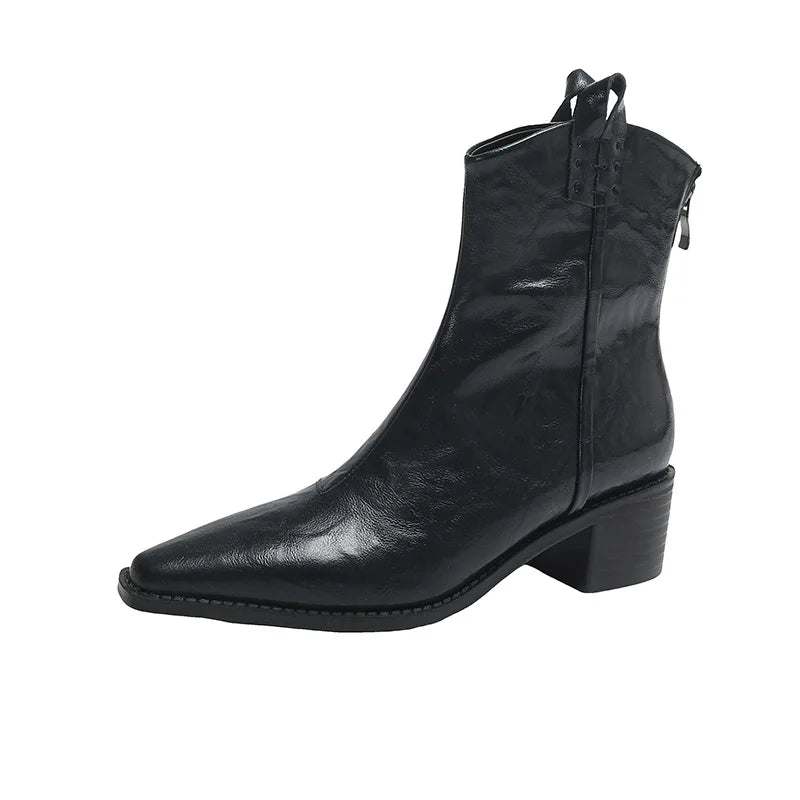 Retro Pointed Toe Zipper Ankle Boots