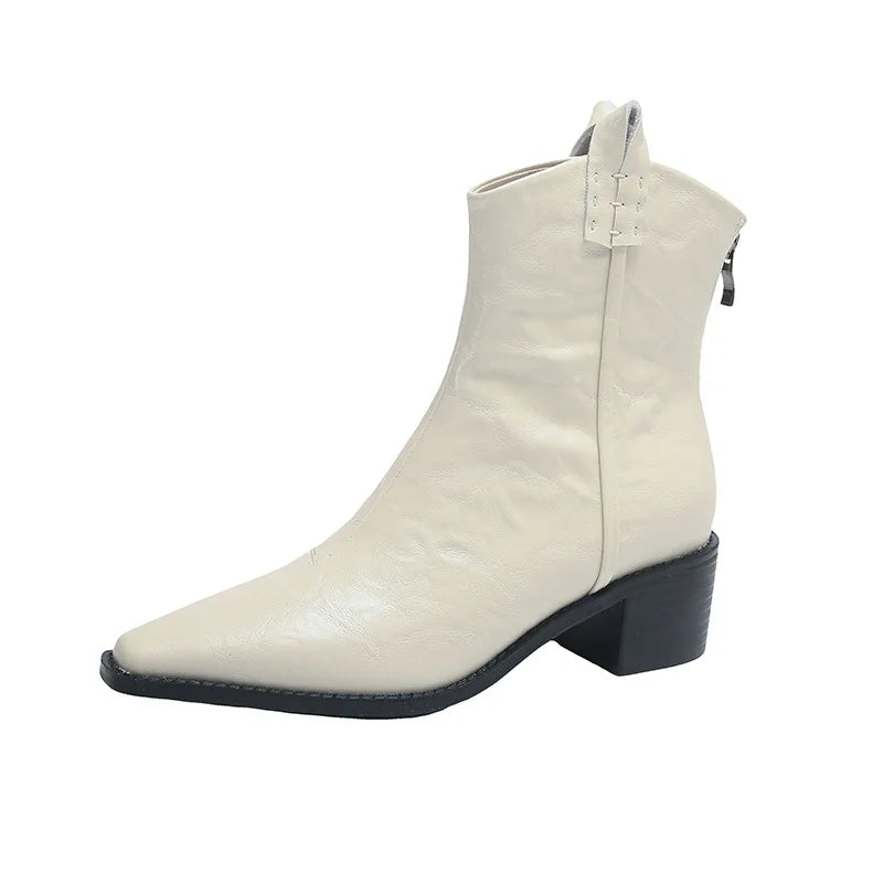 Retro Pointed Toe Zipper Ankle Boots