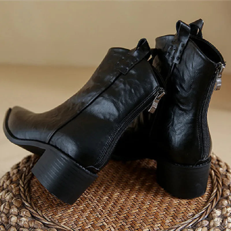 Retro Pointed Toe Zipper Ankle Boots