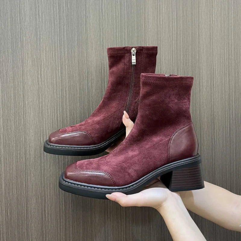 Retro Square Toe Side-zip Design Ankle Boots