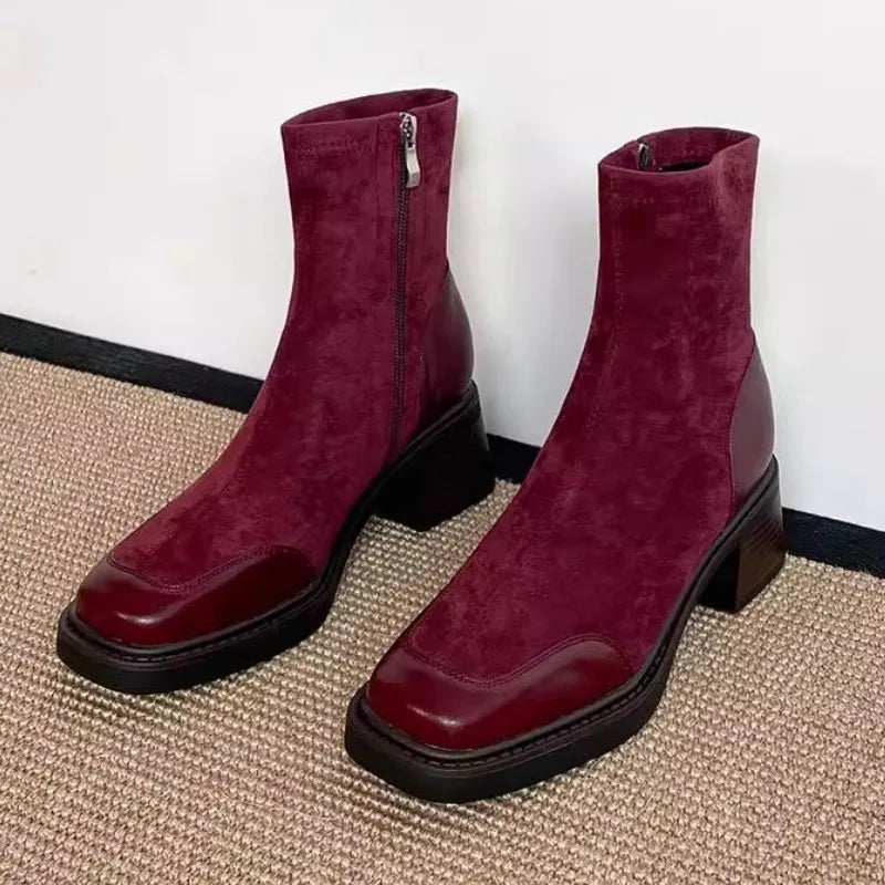 Retro Square Toe Side-zip Design Ankle Boots