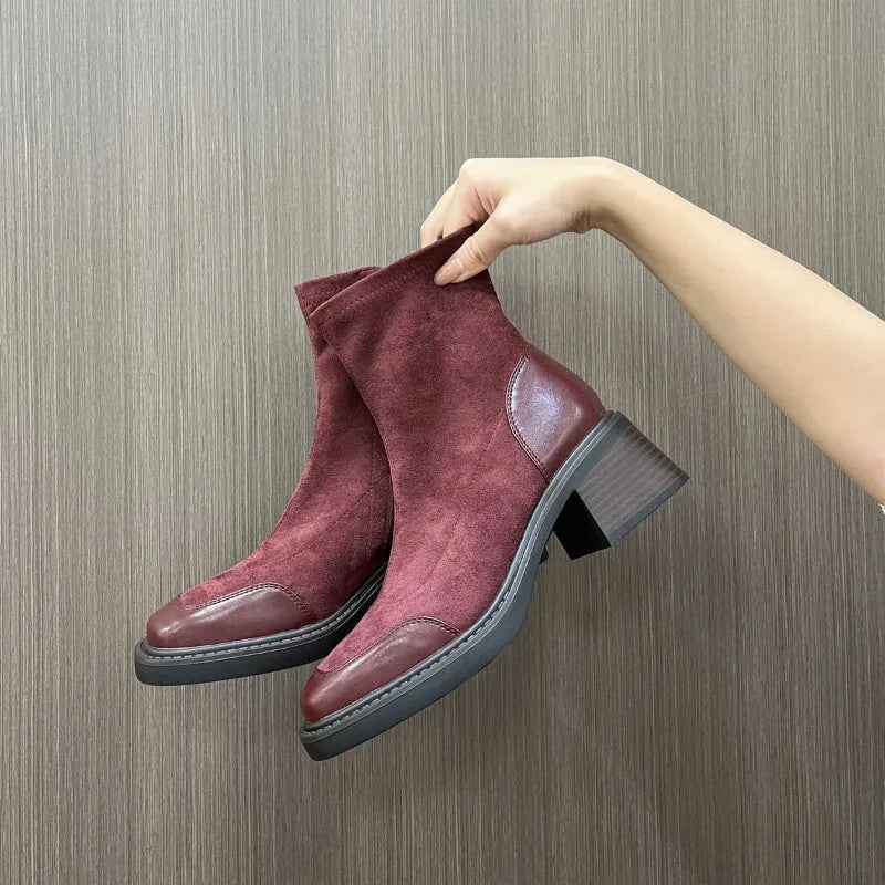 Retro Square Toe Side-zip Design Ankle Boots