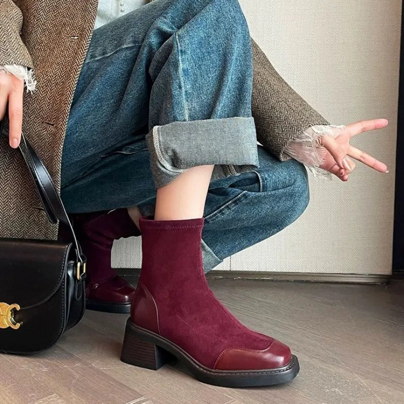 Retro Square Toe Side-zip Design Ankle Boots