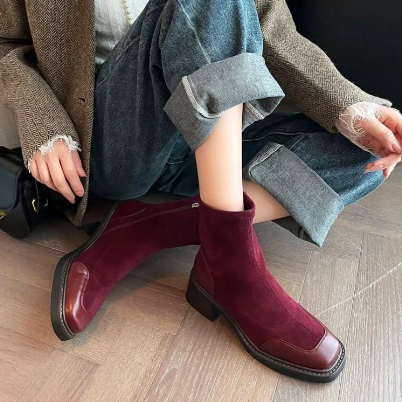 Retro Square Toe Side-zip Design Ankle Boots