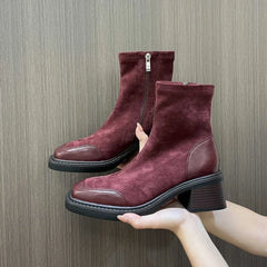 Retro Square Toe Side-zip Design Ankle Boots