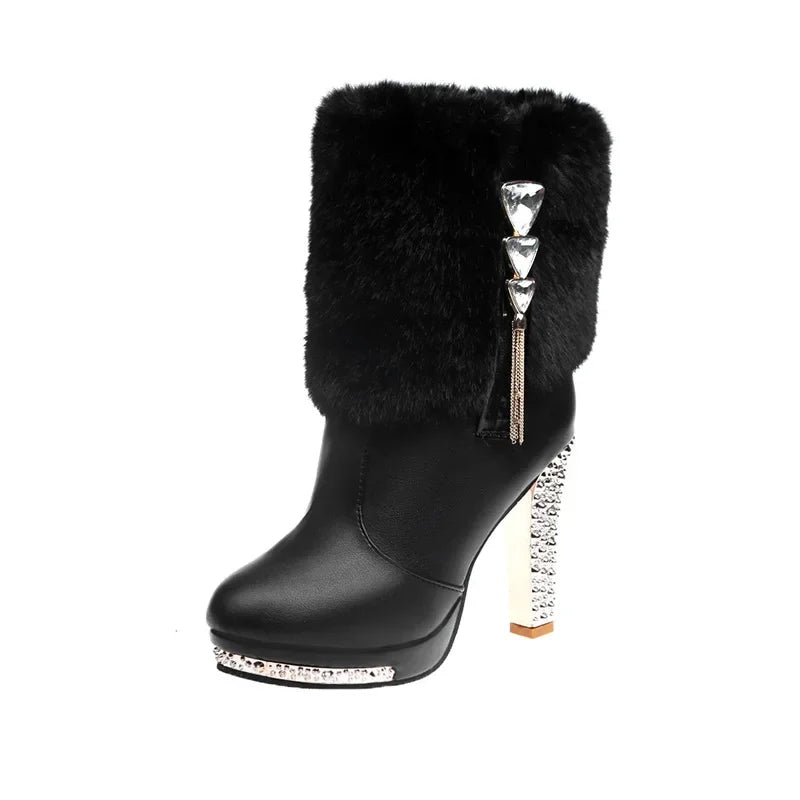 Rhinestone High Heeled Short Boots