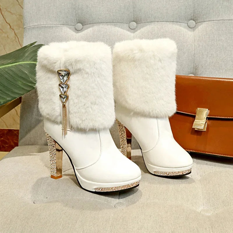Rhinestone High Heeled Short Boots